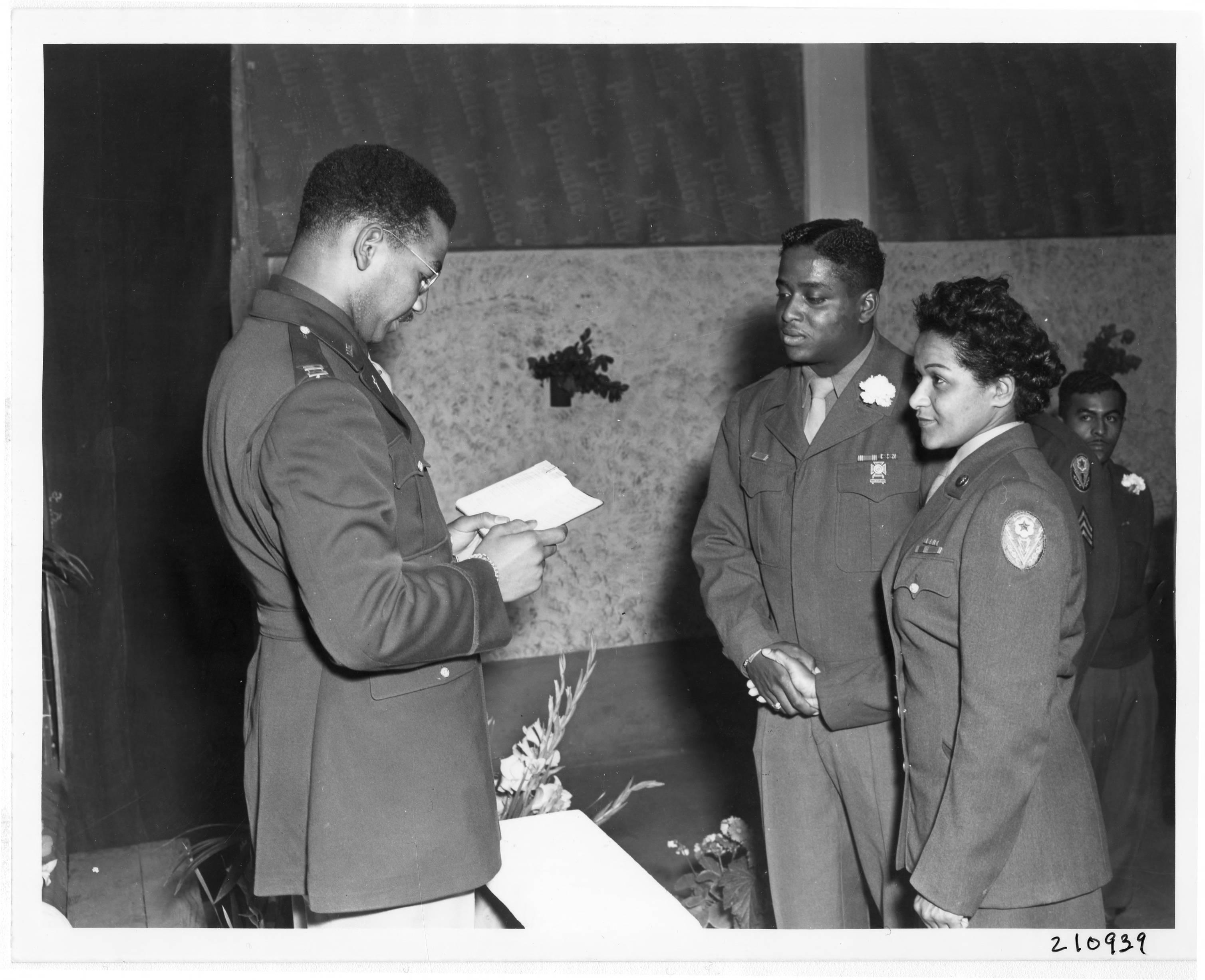 Historical image showing Photograph of a Black American wedding in Rouen, France of Black American soldiers during WWII