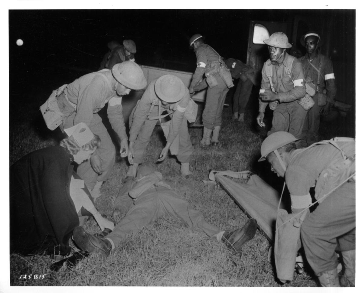 Historical image showing Soldiers of the 76th or 77th Coast Artillery during a training exercise of Black American soldiers during WWII