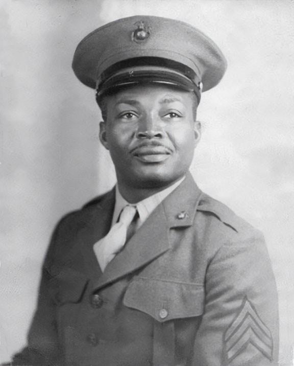 Historical image showing Technical sergeant Alfred Masters, the first Black American sworn into the United States Marine Corps. of Black American soldiers during WWII