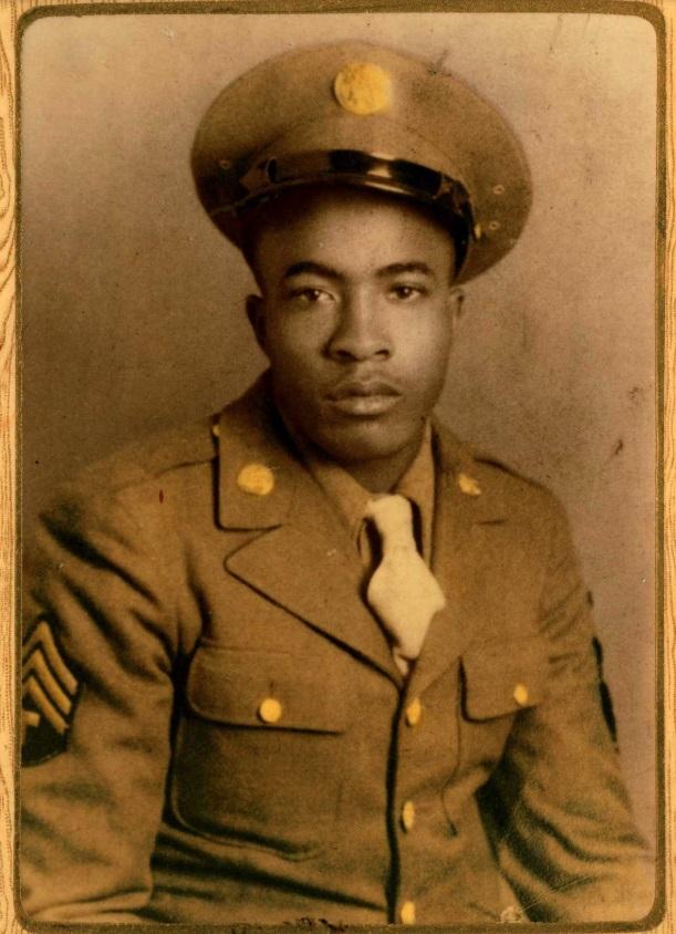 Historical image showing Stafford Rimes of Black American soldiers during WWII