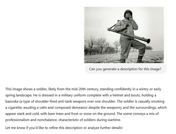 This image shows a soldier, likely from the mid-20th century, standing confidently in a wintry or early spring landscape. He is dressed in a military uniform complete with a helmet and boots, holding a bazooka (a type of shoulder-fired anti-tank weapon) over one shoulder. The soldier is casually smoking a cigarette, exuding a calm and composed demeanor despite the weaponry and the surroundings, which appear stark and cold, with bare trees and frost or snow on the ground. The scene conveys a mix of professionalism and nonchalance, characteristic of soldiers during wartime.
Let me know if you'd like to refine this description or analyze further details!